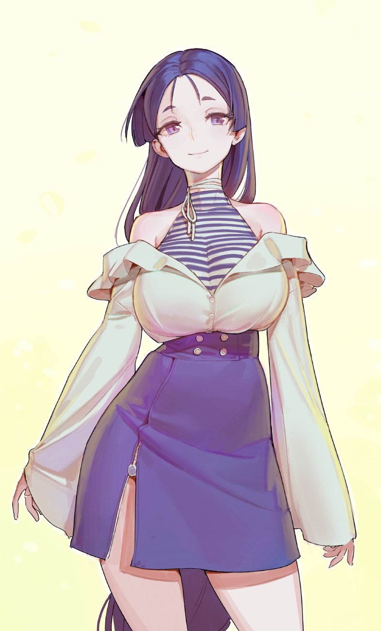arms_at_sides bangs bare_shoulders blouse breasts buttons choker closed_mouth contrapposto cowboy_shot fate/grand_order fate_(series) gradient gradient_background hair_between_eyes halterneck high-waist_skirt highres hips large_breasts long_hair long_sleeves looking_at_viewer minamoto_no_raikou_(fate/grand_order) off_shoulder parted_bangs purple_eyes purple_hair purple_skirt ribbon_choker shirt side_slit simple_background skirt sleeves_past_wrists smile solo striped striped_shirt thighs tim_loechner turtleneck undershirt very_long_hair wide_sleeves