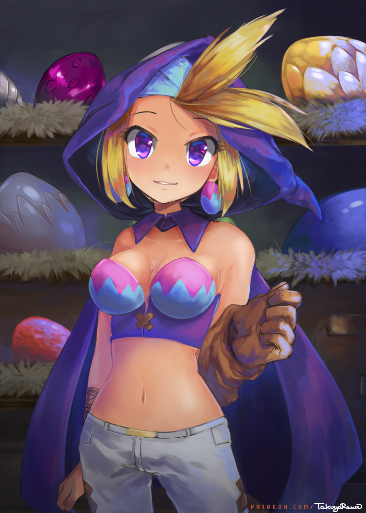 antenna_hair arm_at_side artist_name bare_shoulders blonde_hair breasts brown_gloves cape cleavage commentary cowboy_shot dark_skin detached_collar earrings egg egg_earrings gloves grey_pants hand_up headband hood jewelry looking_at_viewer medium_breasts midriff navel nest pants purple_collar purple_eyes purple_hood shantae_(series) short_hair single_glove sky_(shantae) smile solo spiked_hair takuyarawr watermark web_address
