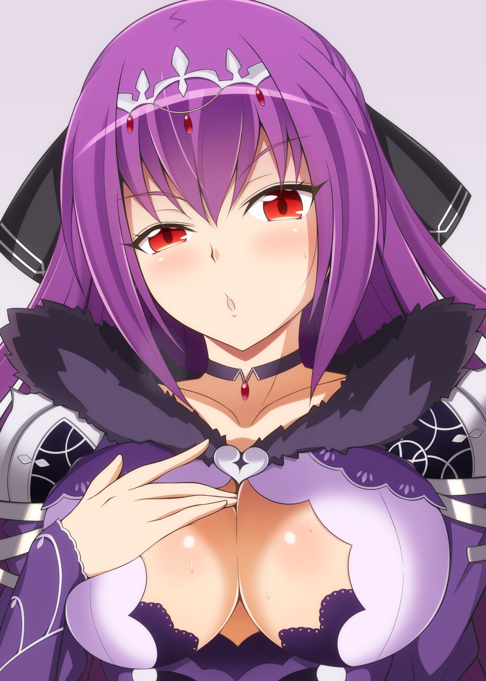:o blush breasts bunny1219 choker cleavage cleavage_cutout collarbone commentary_request dress eyebrows_visible_through_hair fate/grand_order fate_(series) fur_trim heart highres jewelry large_breasts long_hair looking_at_viewer naughty_face purple_dress purple_hair red_eyes scathach_(fate)_(all) scathach_skadi_(fate/grand_order) shoulder_armor simple_background solo sweat tiara
