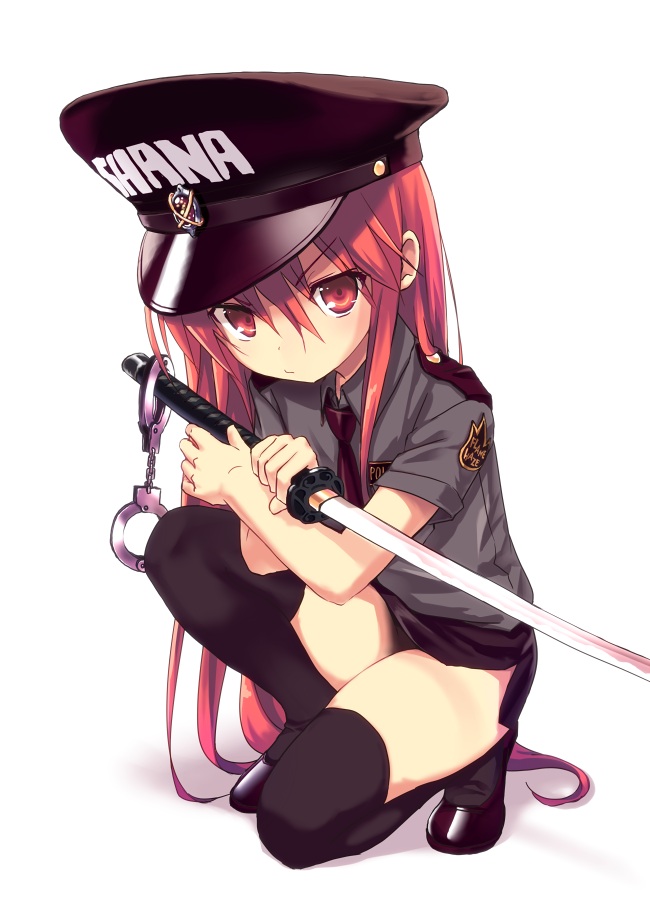 bangs black_hat black_legwear black_skirt blush character_name closed_mouth clothes_writing collared_shirt commentary_request cuffs eyebrows_visible_through_hair full_body grey_skirt hair_between_eyes handcuffs hat headwear_writing holding holding_sword holding_weapon katana kotsu long_hair necktie one_knee peaked_cap pencil_skirt police police_hat police_uniform policewoman purple_neckwear red_eyes red_footwear red_hair shadow shakugan_no_shana shana shirt shoes short_sleeves skirt solo sword thighhighs thighs uniform v-shaped_eyebrows very_long_hair weapon white_background