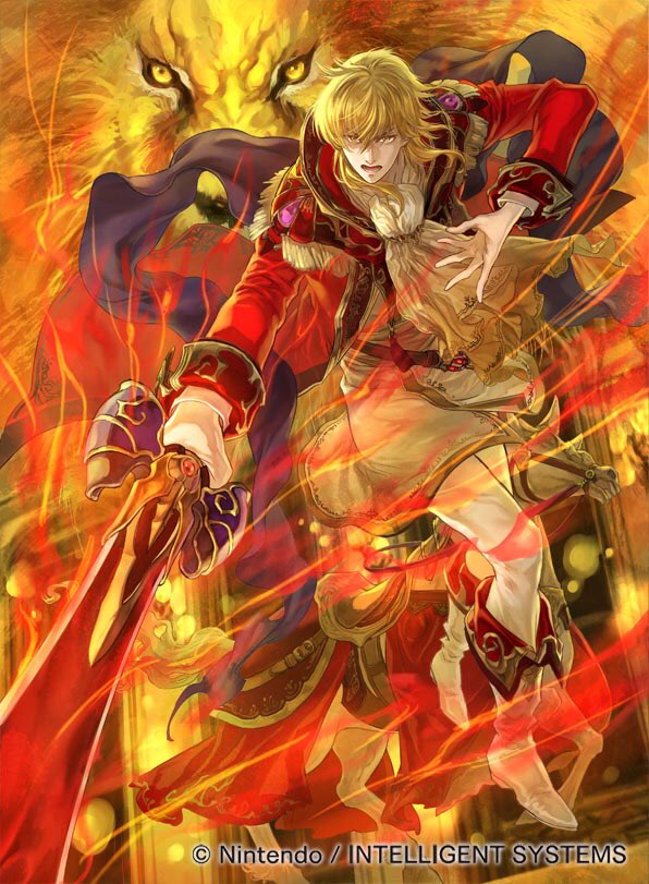 belt black_cape blonde_hair boots cape castle coat collar commentary_request eltoshan_(fire_emblem) fire fire_emblem fire_emblem:_seisen_no_keifu fire_emblem_cipher gem gloves holding holding_sword holding_weapon horse knee_boots lion lips looking_at_viewer male_focus medium_hair mystletainn official_art open_mouth pants red_coat serious sheath sidelocks solo suzuki_rika sword teeth turtleneck weapon white_footwear white_gloves white_pants yellow_eyes