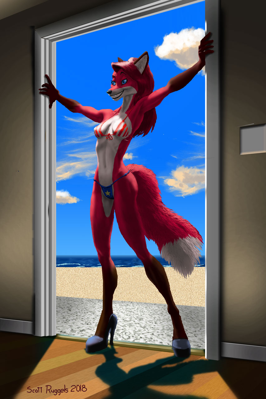 anthro beach bikini breasts canine clothed clothing female fox hair makeup mammal nipple_bulge scott_ruggels seaside skimpy smile solo standing swimsuit wide_hips