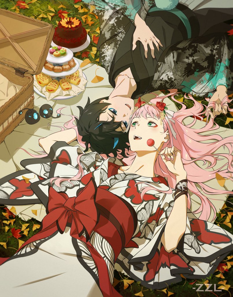 1girl alternate_costume animal_print black_kimono blue_horns butterfly_print cake candy couple darling_in_the_franxx eye_contact eyeliner food green_eyes hairband hetero hiro_(darling_in_the_franxx) japanese_clothes kimono lollipop looking_at_another lying makeup multiple_girls oni_horns picnic_basket pink_hair red_horns white_hairband white_kimono zero_two_(darling_in_the_franxx) zzl