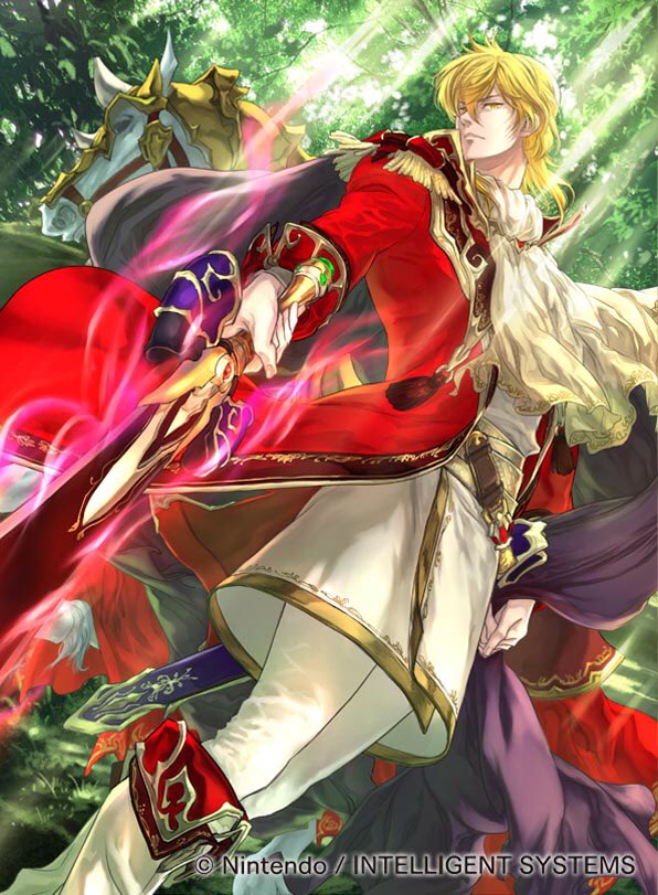 black_cape blonde_hair boots cape coat collar collared_cape commentary_request cravat eltoshan_(fire_emblem) fire_emblem fire_emblem:_seisen_no_keifu fire_emblem_cipher forest from_below gloves holding holding_sword holding_weapon horse knee_boots lips looking_at_viewer male_focus medium_hair mystletainn nature official_art pants red_coat sheath sidelocks solo suzuki_rika sword turtleneck weapon white_footwear white_gloves white_pants yellow_eyes