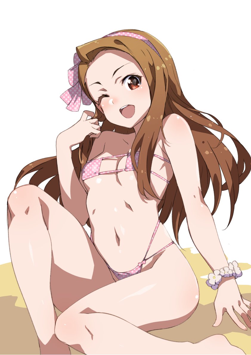 ;d arm_at_side bangs bare_legs bare_shoulders barefoot bikini breasts brown_eyes brown_hair cleavage commentary eyepatch_bikini flower_bracelet hair_ribbon hairband hand_up idolmaster idolmaster_(classic) inue_shinsuke long_hair looking_at_viewer minase_iori multi-strapped_bikini navel one_eye_closed open_mouth parted_bangs pink_bikini polka_dot polka_dot_bikini ribbon single_sidelock sitting small_breasts smile solo swimsuit