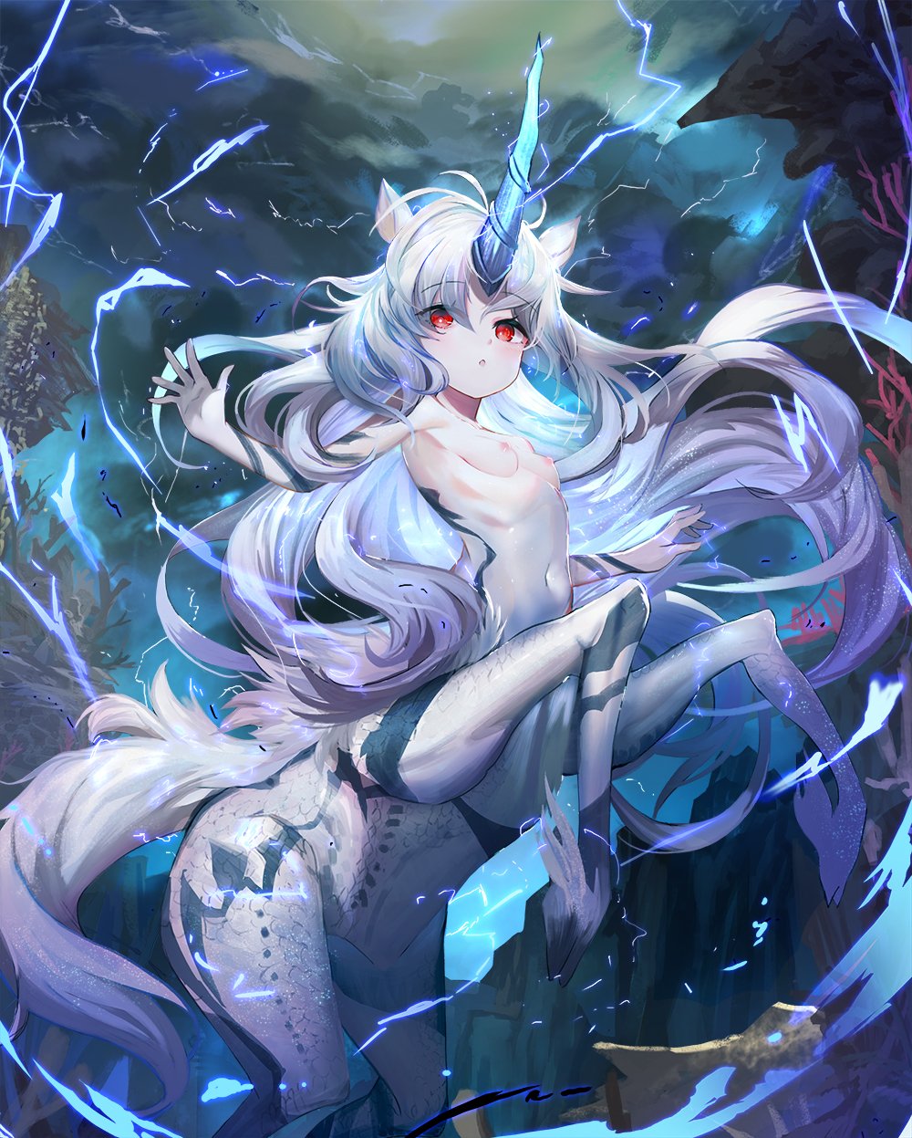 animal_ears blush breasts centaur cloud electricity fuyouchu highres horn horse_ears kirin_(monster_hunter) lightning long_hair looking_at_viewer monster_girl monster_hunter monster_hunter:_world navel nipples nude open_mouth outdoors personification red_eyes small_breasts solo very_long_hair white_hair