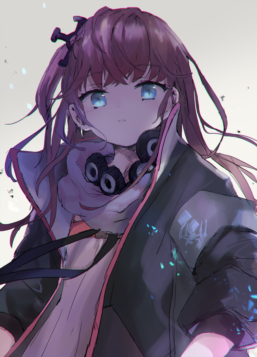 bangs black_jacket blue_eyes blush brown_hair closed_mouth commentary eyebrows_visible_through_hair girls_frontline grey_background hair_ornament head_tilt highres jacket light_frown long_hair long_sleeves looking_at_viewer one_side_up open_clothes open_jacket puffy_long_sleeves puffy_sleeves sha2mo shirt solo st_ar-15_(girls_frontline) upper_body white_shirt