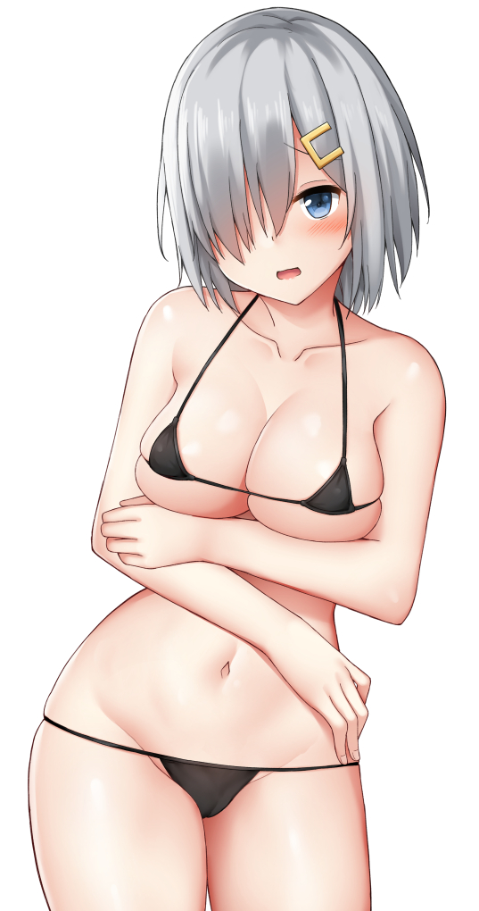 bikini black_bikini blue_eyes blush breasts cleavage crossed_arms hair_ornament hair_over_one_eye hairclip hamakaze_(kantai_collection) kantai_collection large_breasts looking_at_viewer micro_bikini mizushina_minato navel open_mouth short_hair silver_hair simple_background skindentation solo swimsuit upper_body white_background