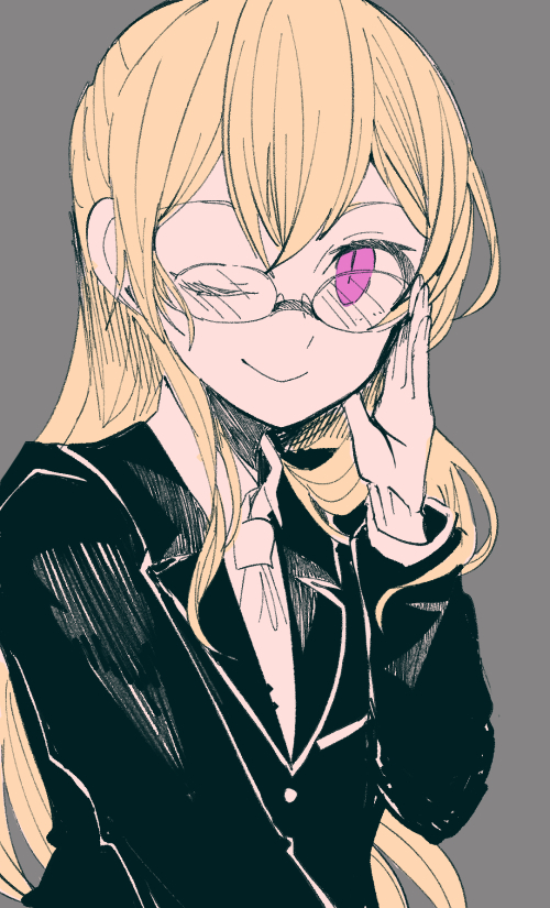;) adjusting_eyewear bang_dream! bangs blonde_hair formal glasses grey_background hand_up itomugi-kun long_hair long_sleeves looking_at_viewer muted_color necktie one_eye_closed purple_eyes shirasagi_chisato simple_background slit_pupils smile solo spot_color suit upper_body