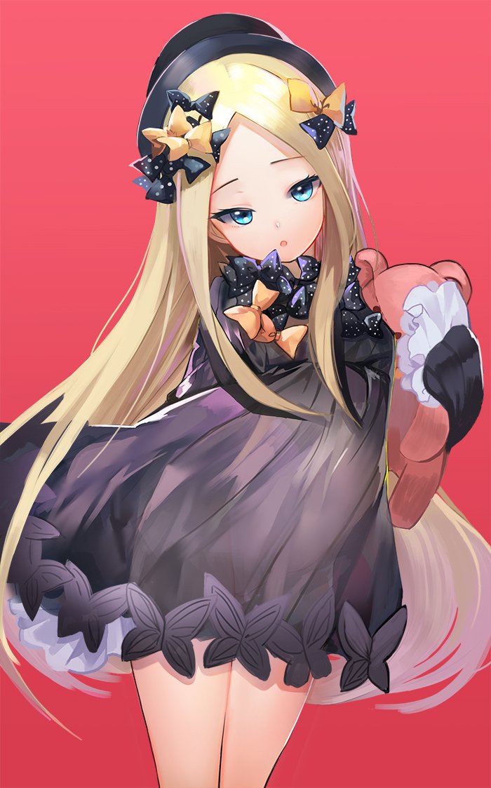 abigail_williams_(fate/grand_order) blonde_hair blue_eyes bow cleft_of_venus dress fate/grand_order fate_(series) fuyouchu hair_bow hat long_hair looking_at_viewer open_mouth pussy red_background see-through simple_background solo stuffed_animal stuffed_toy teddy_bear very_long_hair