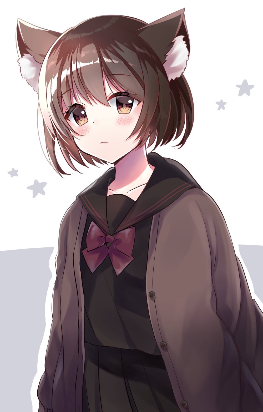 animal_ear_fluff animal_ears arms_at_sides bangs black_sailor_collar black_serafuku black_skirt bow brown_eyes brown_hair cardigan cat_ears cat_girl closed_mouth commentary_request eyebrows_visible_through_hair grey_background grey_cardigan highres light_frown long_sleeves looking_at_viewer minami_saki open_cardigan open_clothes original purple_bow sailor_collar school_uniform serafuku shiny shiny_hair short_hair skirt solo star two-tone_background unbuttoned upper_body white_background