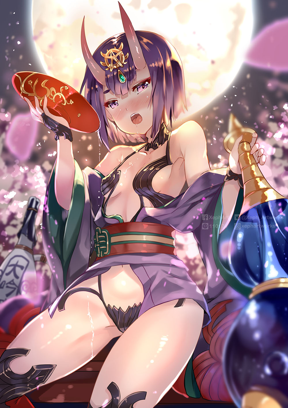 alcohol bare_shoulders blurry blurry_background blush breasts bridal_gauntlets commentary_request cup depth_of_field drooling fate/grand_order fate_(series) fingernails full_moon gourd hand_up head_tilt highres holding horns japanese_clothes kimono moon navel night night_sky nose_blush obi off_shoulder oni oni_horns open_mouth outdoors purple_eyes purple_hair purple_kimono revealing_clothes sakazuki sake saliva sash short_hair shuten_douji_(fate/grand_order) sky small_breasts solo xephonia