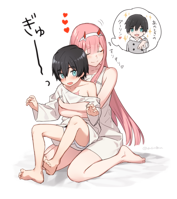 1girl 1koma bangs bare_shoulders black_hair blue_eyes blush chest_scar child closed_eyes coat collarbone comic commentary_request couple darling_in_the_franxx eyebrows_visible_through_hair fur_coat fur_trim grey_coat hair_ornament hairband hand_up hands_up heart hetero hiro_(darling_in_the_franxx) horns hug hug_from_behind leg_up legs_back long_coat long_hair long_sleeves looking_at_viewer nightgown oni_horns pajamas pink_hair red_horns scar shirt shorts sitting sitting_on_lap sitting_on_person sleeveless star thought_bubble toma_(norishio) translation_request white_hairband white_nightgown white_pajamas white_shirt white_shorts winter_clothes winter_coat zero_two_(darling_in_the_franxx)