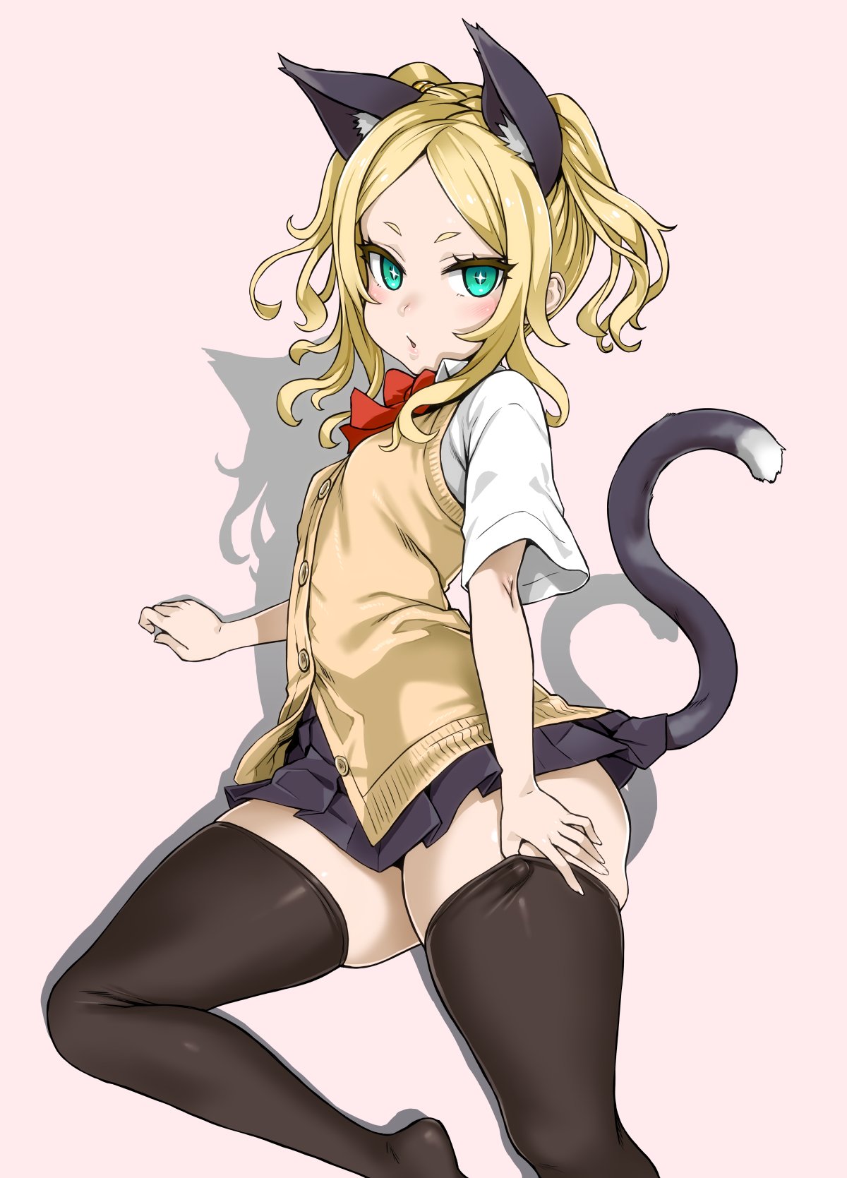 1girl animal_ears asanagi bangs black_legwear black_skirt blonde_hair blush breasts cardigan_vest cat_ears cat_tail commentary_request elin_(tera) from_above green_eyes highres looking_at_viewer looking_up lying miniskirt neckerchief no_shoes on_side open_mouth parted_bangs pink_background pleated_skirt red_neckwear school_uniform shirt short_eyebrows short_hair short_sleeves short_twintails simple_background skindentation skirt small_breasts solo sweater_vest symbol-shaped_pupils tail tera_online thick_thighs thighhighs thighs twintails white_shirt