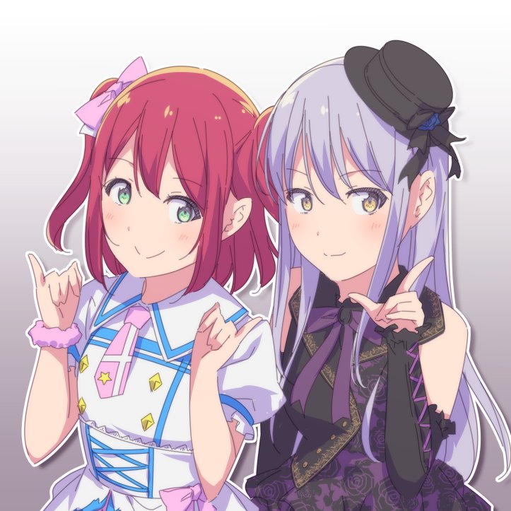 aiba_aina ayasaka bang_dream! bangs black_hat black_ribbon bow commentary_request corset crossover detached_sleeves dress eyebrows_visible_through_hair fns_music_festival furihata_ai gradient gradient_background green_eyes hair_bow hand_up hands_up hat hat_ribbon kimi_no_kokoro_wa_kagayaiteru_kai? kurosawa_ruby long_hair love_live! love_live!_sunshine!! minato_yukina multiple_girls namesake necktie outline photo-referenced pink_bow pink_neckwear pink_scrunchie pinky_out purple_hair purple_neckwear red_hair ribbon scrunchie seiyuu_connection smile two_side_up upper_body white_outline wrist_scrunchie yellow_eyes