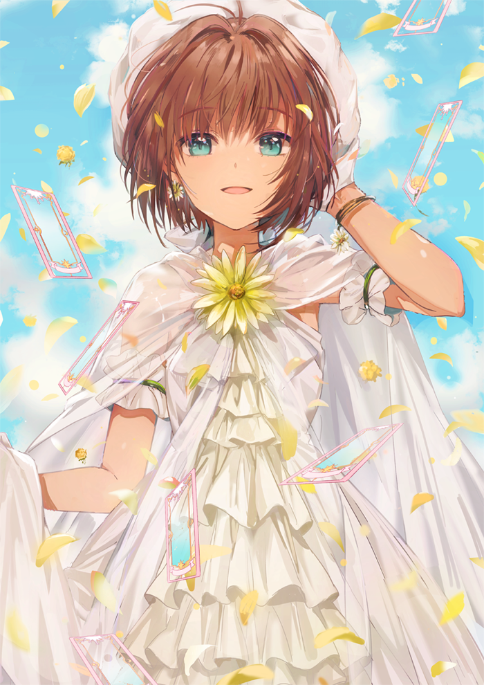 bangs blue_sky blush brown_hair cardcaptor_sakura clear_card cloud cloudy_sky commentary dangmill day dress earrings eyebrows_visible_through_hair flower flower_earrings green_eyes hair_between_eyes hand_up hat jewelry kinomoto_sakura outdoors parted_lips petals see-through short_hair sky sleeveless sleeveless_dress smile solo white_dress white_hat yellow_flower