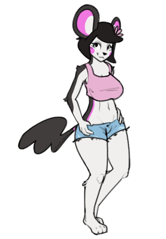 2018 alternate_color anthro big_breasts black_hair breasts chuchuana clothed clothing denim_shorts emily_the_emolga emolga female fur hair looking_at_viewer mammal nintendo pok&eacute;mon pok&eacute;mon_(species) rodent shirt shorts smile solo tank_top thick_thighs video_games