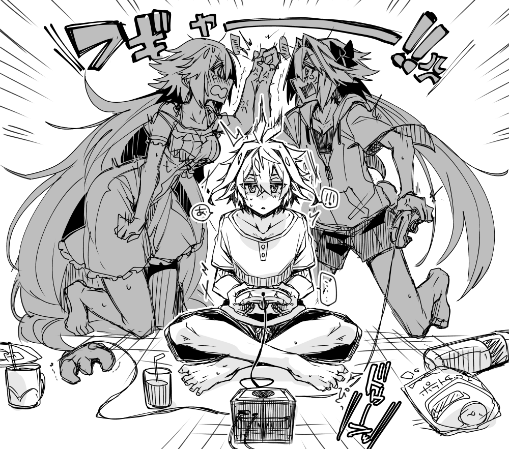 2boys ahoge angry arguing astolfo_(fate) braid crossdressing cup dress drink drinking_glass drinking_straw fate/apocrypha fate_(series) fighting food game_console gamecube gamecube_controller greyscale haoro holding_hands jacket jeanne_d'arc_(fate) jeanne_d'arc_(fate)_(all) long_hair monochrome multiple_boys otoko_no_ko pants playing_games shorts sieg_(fate/apocrypha)