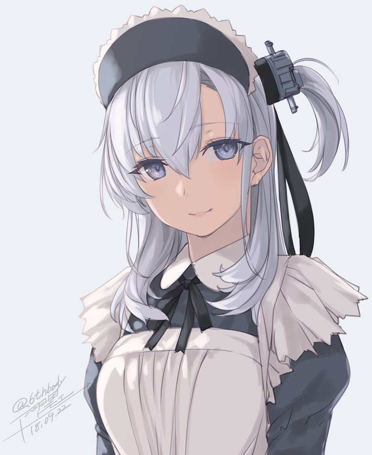 alternate_costume apron artist_name black_dress blue_eyes breasts dated dress enmaided grey_background hair_between_eyes kantai_collection lips long_hair looking_at_viewer maid maid_apron maid_headdress medium_breasts one_side_up rokuwata_tomoe sidelocks silver_hair simple_background smile solo suzutsuki_(kantai_collection) twitter_username upper_body