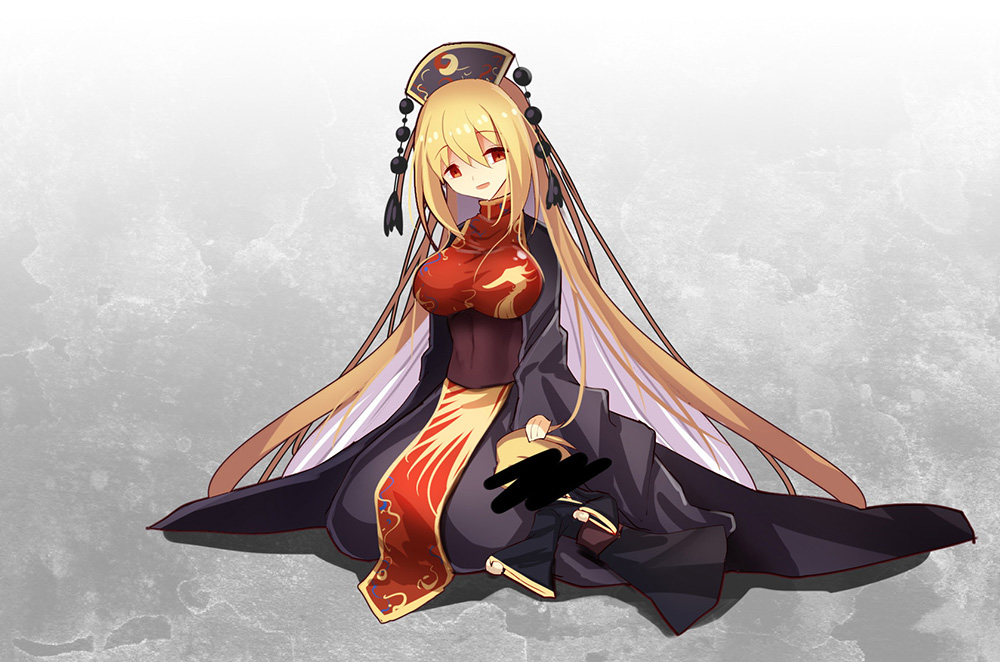 1girl :d bangs black_dress black_kimono blonde_hair bofeng breasts censored commentary covered_navel dress gradient gradient_background grey_background head_tilt headdress identity_censor japanese_clothes junko_(touhou) kimono large_breasts long_hair long_sleeves looking_at_viewer lying mother_and_son on_back open_mouth red_eyes seiza short_hair sitting smile tabard tassel touhou very_long_hair white_background wide_sleeves z.o.b