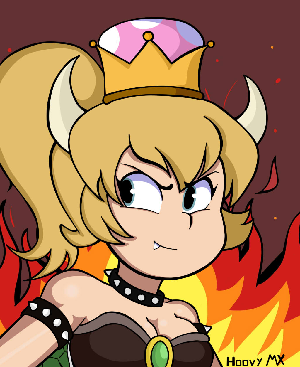 2018 alternate_species armband blonde_hair blue_eyes bowser breasts cleavage clothed clothing collar crossgender dress female fire gender_transformation grin hair hi_res hoovymx horn humanoid humanoidized mario_bros mtf_transformation nintendo simple_background smile solo spiked_collar spikes super_crown transformation video_games