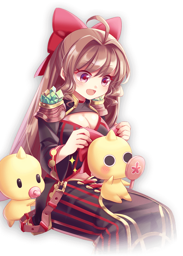 :d ahoge belt black_eyes black_skirt blush bow breasts brown_eyes brown_hair cleavage crystal grand_fantasia hair_bow horn long_hair mirror official_art open_mouth pacifier red_bow sitting sitting_on_lap sitting_on_person skirt smile solo transparent_background