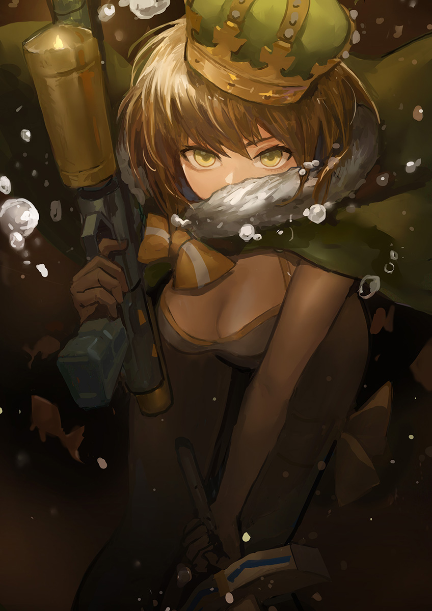 air_bubble animal artoria_pendragon_(all) artoria_pendragon_(swimsuit_archer) bangs blonde_hair breasts bubble casual_one-piece_swimsuit cleavage cloak commentary_request covered_mouth crown danann excalibur fate/grand_order fate_(series) fish fur-trimmed_cloak green_cloak hair_between_eyes highres holding holding_sword holding_weapon looking_at_viewer medium_breasts mini_crown one-piece_swimsuit solo swimsuit sword underwater v-shaped_eyebrows water water_gun weapon white_swimsuit yellow_eyes