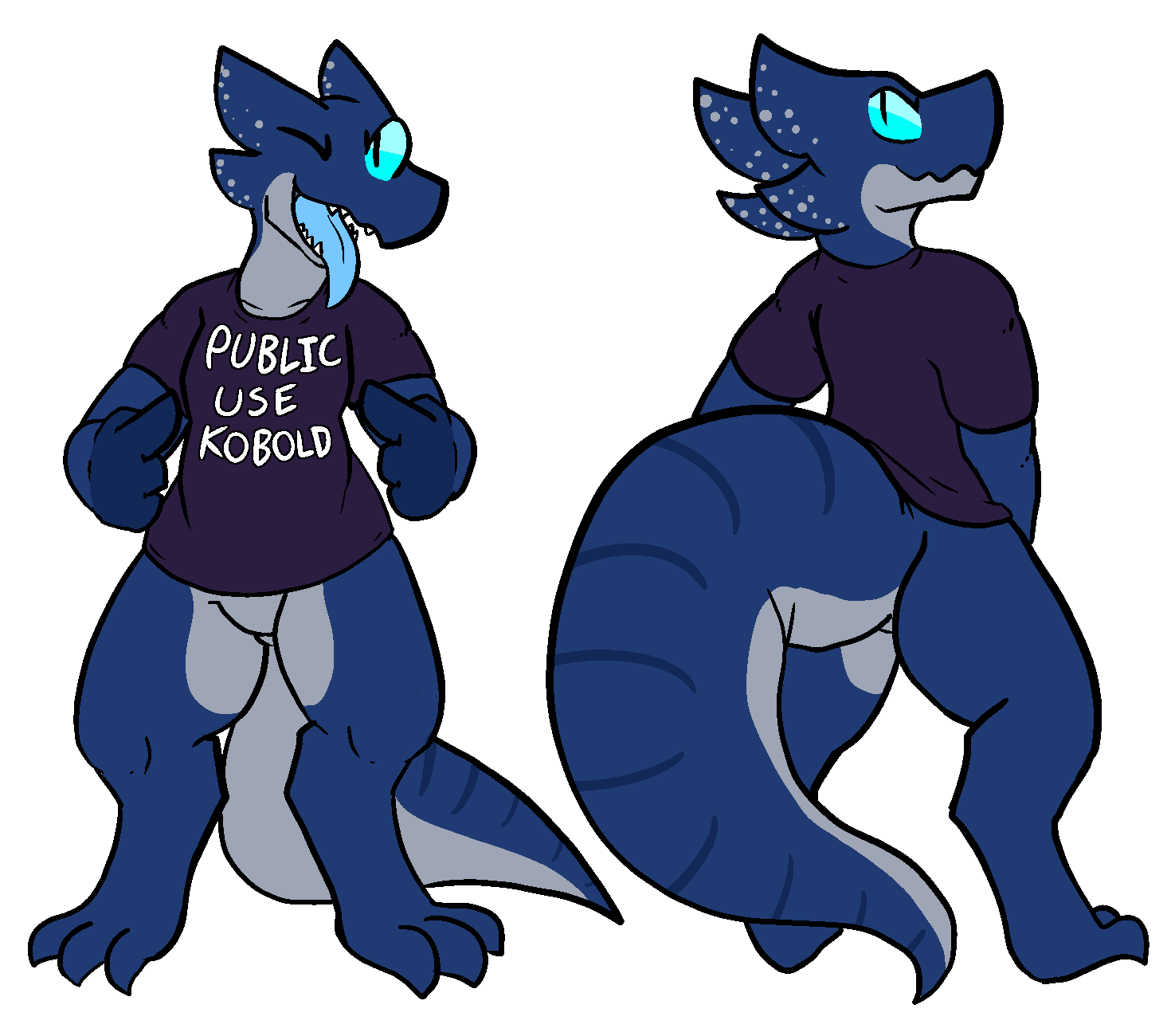 2018 ambiguous_gender anthro bottomless butt clothed clothing digital_media_(artwork) kobold looking_at_viewer model_sheet one_eye_closed open_mouth pose reptile scalie shirt simple_background smile solo standing suggestive t-shirt text tongue tongue_out trout_(artist) white_background wink