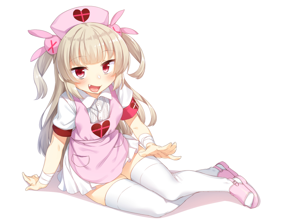 :d apron bandages bangs blunt_bangs blush brown_hair eyebrows_visible_through_hair fang full_body hat long_hair looking_at_viewer natori_sana nurse_cap open_mouth pink_apron racer_(magnet) red_eyes sana_channel shirt simple_background smile solo thighhighs two_side_up virtual_youtuber white_background white_legwear white_shirt