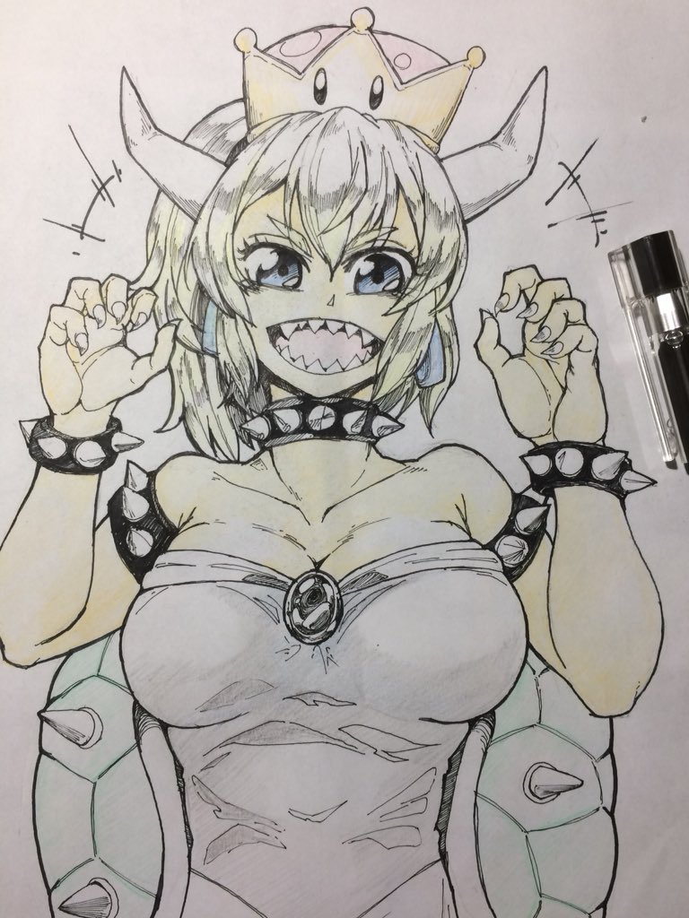 1girl :d armlet ballpoint_pen_(medium) blonde_hair blue_eyes bowsette bracelet claw_pose claws collar commentary_request crown dress earrings horns jewelry looking_at_viewer mario_(series) momongaso_(twitter_artist) new_super_mario_bros._u_deluxe open_mouth pink_dress ponytail sharp_teeth shell short_hair smile solo spiked_bracelet spiked_collar spikes super_crown teeth thick_eyebrows traditional_media upper_body v-shaped_eyebrows white_background