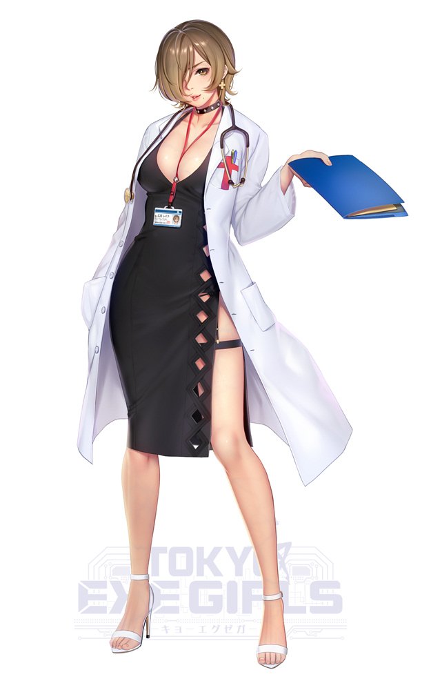 bangs between_breasts black_dress breasts brown_eyes brown_hair buttons cleavage collar collarbone commentary_request cross cross_earrings doctor dress earrings folder full_body garter_straps hair_over_one_eye hand_in_pocket hand_up high_heels holding holding_folder jewelry labcoat large_breasts lips logo looking_at_viewer masami_chie mole mole_under_mouth name_tag official_art open_toe_shoes parted_bangs parted_lips pen pocket red_cross short_hair side_slit simple_background sleeveless sleeveless_dress smile solo spiked_collar spikes standing stethoscope thigh_strap thighs tokyo_exe_girls white_background white_footwear