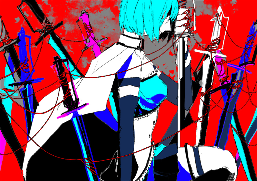 abstract aqua_hair breasts cape commentary_request field_of_blades flat_color from_side hair_over_eyes hand_on_hilt hand_on_sword high_contrast holding holding_sword holding_weapon kneeling limited_palette magical_girl mahou_shoujo_madoka_magica medium_breasts miki_sayaka mzet one_knee planted_sword planted_weapon profile red_background red_string short_hair simple_background sketch solo string sword weapon white_cape
