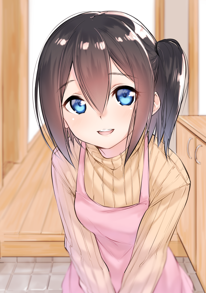 :d apron bangs blue_eyes blush breasts brown_hair brown_sweater commentary eyebrows_visible_through_hair hair_between_eyes hallway highres indoors leaning_forward long_sleeves looking_at_viewer one_side_up open_mouth original pink_apron ribbed_sweater small_breasts smile solo suzunari_shizuku sweater upper_teeth yuki_arare