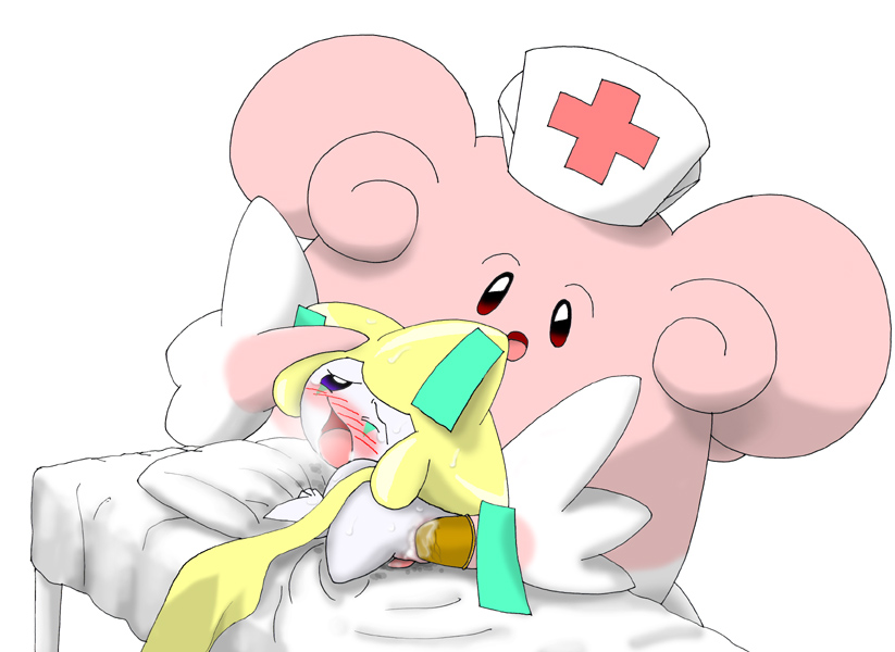 2012 ambiguous_gender anal anal_penetration anus blissey blue_eyes blush clothing duo examination fingering fisting gloves hat jirachi legendary_pok&eacute;mon male male/ambiguous medical_gloves nintendo nurse nurse_hat on_table pasaran patient penetration penis pok&eacute;mon pok&eacute;mon_(species) prostate_exam red_eyes simple_background table video_games white_background
