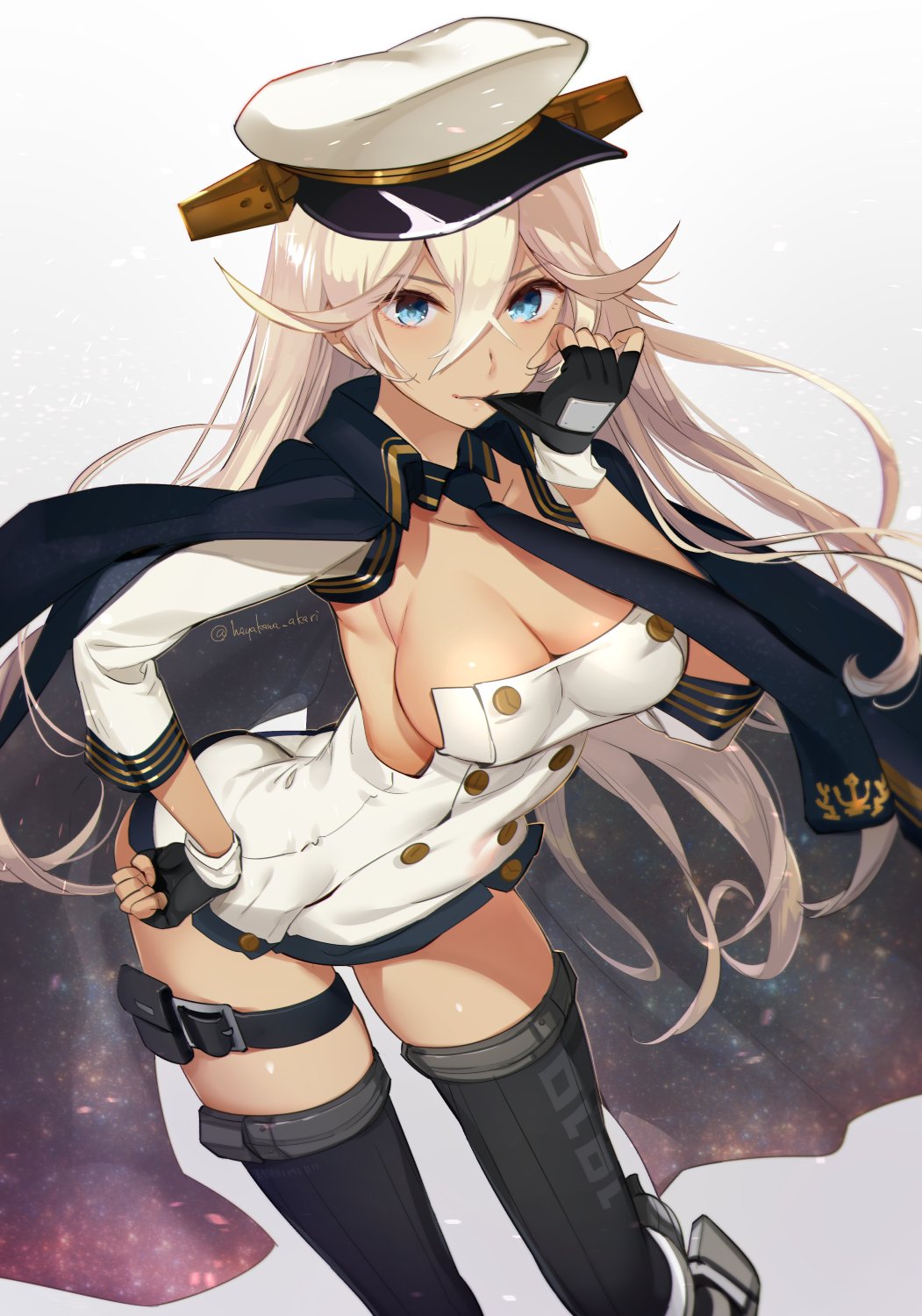 arched_back ass azur_lane black_gloves black_legwear blonde_hair blue_eyes breasts cape cleavage commentary_request dark_skin detached_collar detached_sleeves double-breasted dress fingerless_gloves gloves gold_trim gradient gradient_background hair_between_eyes hand_on_hip hat hayakawa_akari highres leaning_forward long_hair medium_breasts necktie short_dress simple_background solo tennessee_(azur_lane) thigh_strap thighhighs triple_horizontal_stripe very_long_hair white_dress