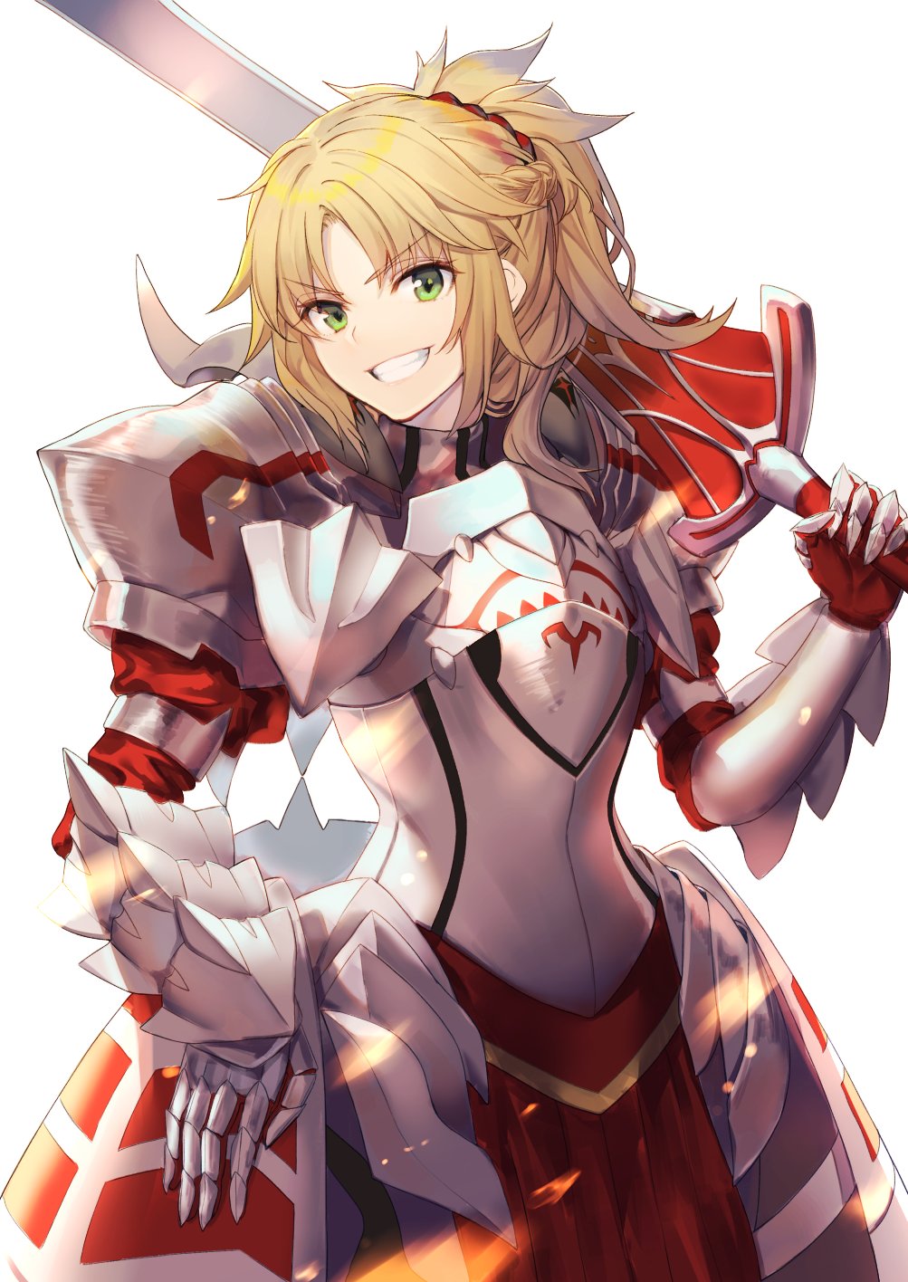 armor blonde_hair braid breastplate clarent commentary_request fate/grand_order fate_(series) french_braid gauntlets green_eyes grin hair_ornament hair_scrunchie haruato highres mordred_(fate) mordred_(fate)_(all) pauldrons red_scrunchie scrunchie sidelocks smile solo standing sword weapon white_background