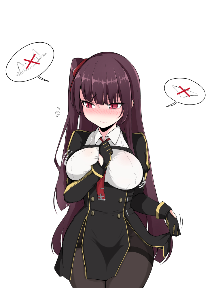 bangs between_breasts black_legwear blazer blush breasts closed_mouth collared_shirt commentary_request covered_nipples embarrassed eyebrows_visible_through_hair flying_sweatdrops framed_breasts girls_frontline gloves hair_ribbon half_updo hand_between_breasts high-waist_skirt jacket korean_commentary kumasteam large_breasts lifted_by_self long_hair looking_away necktie no_bra no_panties one_side_up pantyhose pelvic_curtain purple_hair red_eyes red_neckwear red_ribbon ribbon shirt simple_background skirt skirt_lift solo strap taut_clothes taut_shirt thighband_pantyhose very_long_hair wa2000_(girls_frontline) wavy_mouth white_background white_shirt