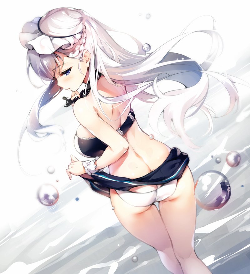 alternate_costume ass azur_lane back bangs belfast_(azur_lane) blue_eyes blush braid breasts butt_crack chain closed_mouth collar commentary_request eyebrows_visible_through_hair floating_hair french_braid from_behind large_breasts lifted_by_self long_hair looking_at_viewer looking_back maid_bikini maid_headdress senji_(tegone_spike) silver_hair skindentation skirt skirt_lift smile solo thighs twisted_torso water water_drop wind
