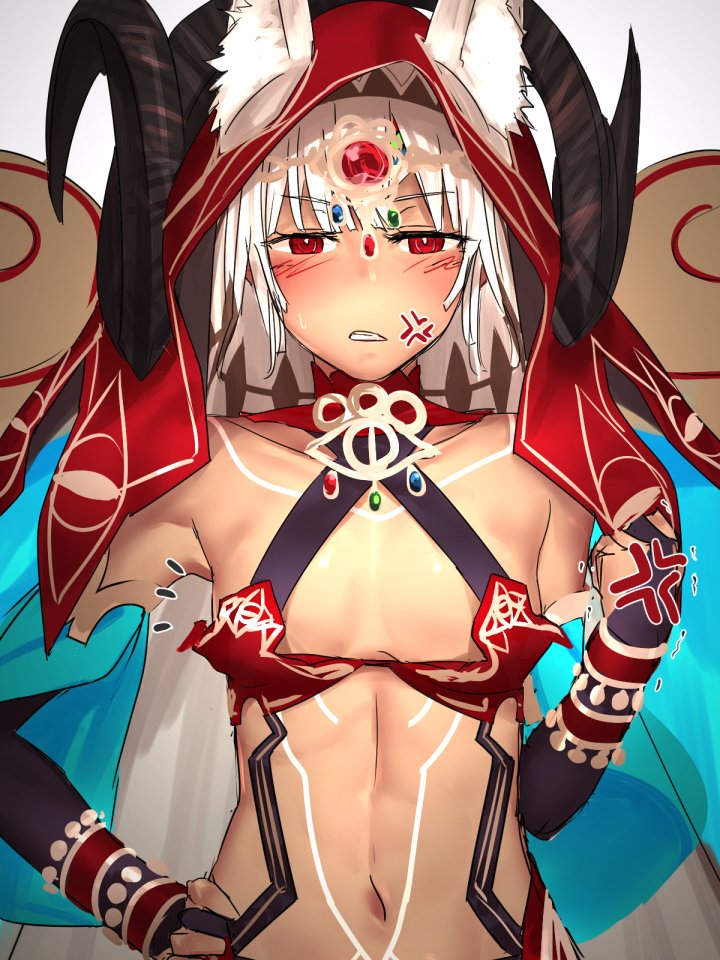 altera_(fate) angry animal_ears bangs blush breasts choker cleavage clenched_teeth collarbone commentary cosplay dark_skin eyebrows_visible_through_hair fate/grand_order fate_(series) full_body_tattoo gem hand_on_hip headdress hood horns i-pan jewelry looking_at_viewer midriff navel open_mouth queen_of_sheba_(fate/grand_order) queen_of_sheba_(fate/grand_order)_(cosplay) red_eyes revealing_clothes shiny shiny_skin short_hair simple_background small_breasts solo stomach_tattoo sweatdrop symbol_commentary tan tattoo teeth upper_body veil white_hair