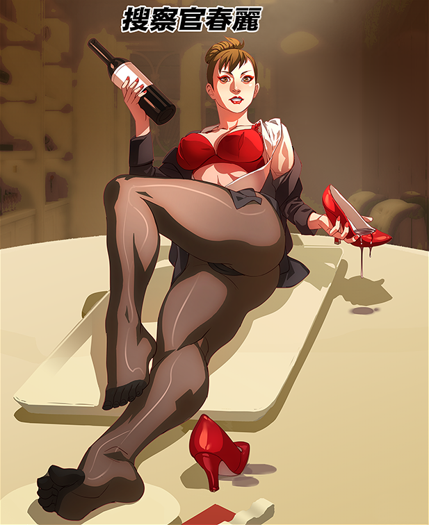 1girl alcohol bottle bra brown_eyes brown_hair capcom chun-li eyeliner feet hair_bun lipstick long_hair looking_at_viewer makeup open_clothes open_shirt panties pantyhose pantyshot parted_lips red_bra red_lipstick shoes_removed soles street_fighter toes underwear wine wine_bottle