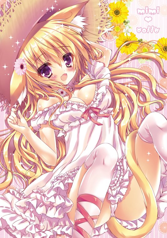 animal_ear_fluff animal_ears ankle_ribbon arm_up bangs bare_shoulders between_legs blonde_hair blush breasts cameltoe cat_ears cat_tail cleavage collar commentary_request dress ears_down eyebrows_visible_through_hair fang flower frill_trim frilled_collar frilled_skirt frills hair_between_eyes hair_flower hair_ornament hand_up hat honoka_chiffon long_hair looking_at_viewer medium_breasts nail_polish off_shoulder open_mouth original panties pantyshot pantyshot_(sitting) pink_flower purple_eyes ribbon sitting skirt smile solo sparkle straw_hat sundress tail tail_between_legs thighhighs underwear very_long_hair wavy_hair white_dress white_panties