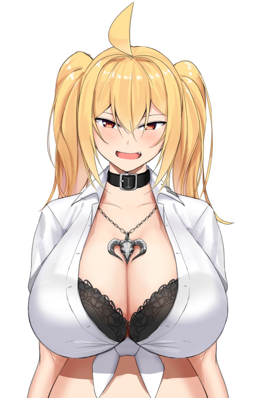 1girl ahoge bangs black_bra blonde_hair blush bra breasts cleavage collar front-tie_top highres huge_breasts jewelry kirome lace lace-trimmed_bra long_hair looking_at_viewer necklace open_mouth orange_eyes saaya_(kirome) shirt twintails underwear upper_body white_shirt