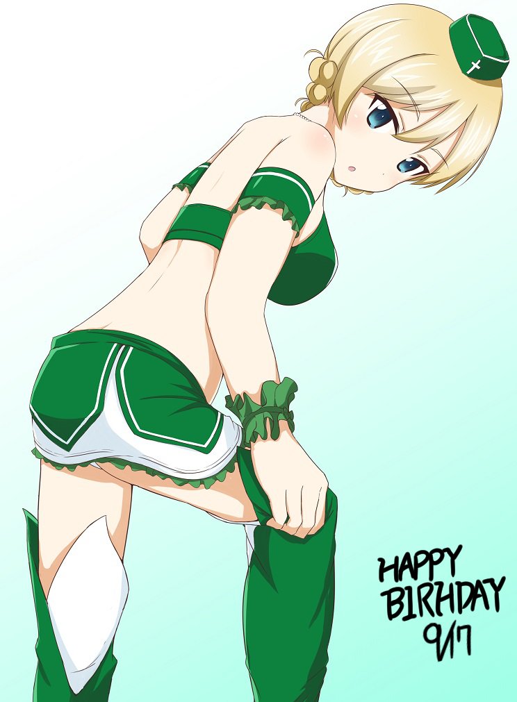 ass blue_eyes blush boots breasts darjeeling girls_und_panzer gradient gradient_background green_background happy_birthday hat large_breasts open_mouth panties race_queen simple_background skirt solo thigh_boots thighhighs underwear upskirt uraji_(vladimir1924121) white_panties