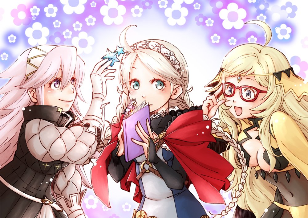 ahoge blonde_hair blue_eyes book braid breasts bridal_gauntlets capelet center_opening circlet cleavage closed_mouth commentary_request covered_navel ebi_puri_(ebi-ebi) eponine_(fire_emblem_if) fire_emblem fire_emblem_heroes fire_emblem_if flower_(symbol) glasses gloves hair_ornament hairband holding holding_book long_hair long_sleeves medium_breasts multiple_girls open_book open_mouth ophelia_(fire_emblem_if) pink_eyes pink_hair smile soleil_(fire_emblem_if) twin_braids twintails white_hair