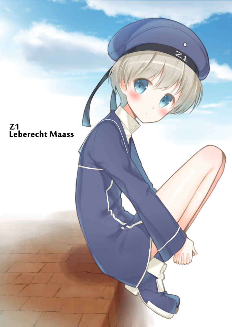 beret blue_dress blue_footwear blue_hat blue_sailor_collar blue_sky blush brown_hair character_name closed_mouth clothes_writing cloud cloudy_sky day dress hat head_tilt headwear_writing interlocked_fingers kantai_collection long_sleeves looking_at_viewer looking_to_the_side masuishi_kinoto outdoors own_hands_together sailor_collar sailor_dress shoes short_dress short_hair sitting sky solo z1_leberecht_maass_(kantai_collection)