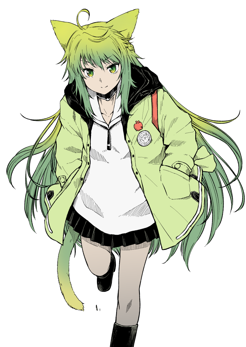 ahoge animal_ears atalanta_(fate) badge bangs cat_ears cat_tail commentary_request eyebrows_visible_through_hair fate/grand_order fate_(series) gradient_hair green_eyes green_hair hair_between_eyes hand_in_pocket hands_in_pockets highres hood hooded_jacket jacket long_hair looking_at_viewer multicolored_hair onaya_masakazu pleated_skirt sailor_collar school_uniform shirt skirt smile solo tail two-tone_hair uniform