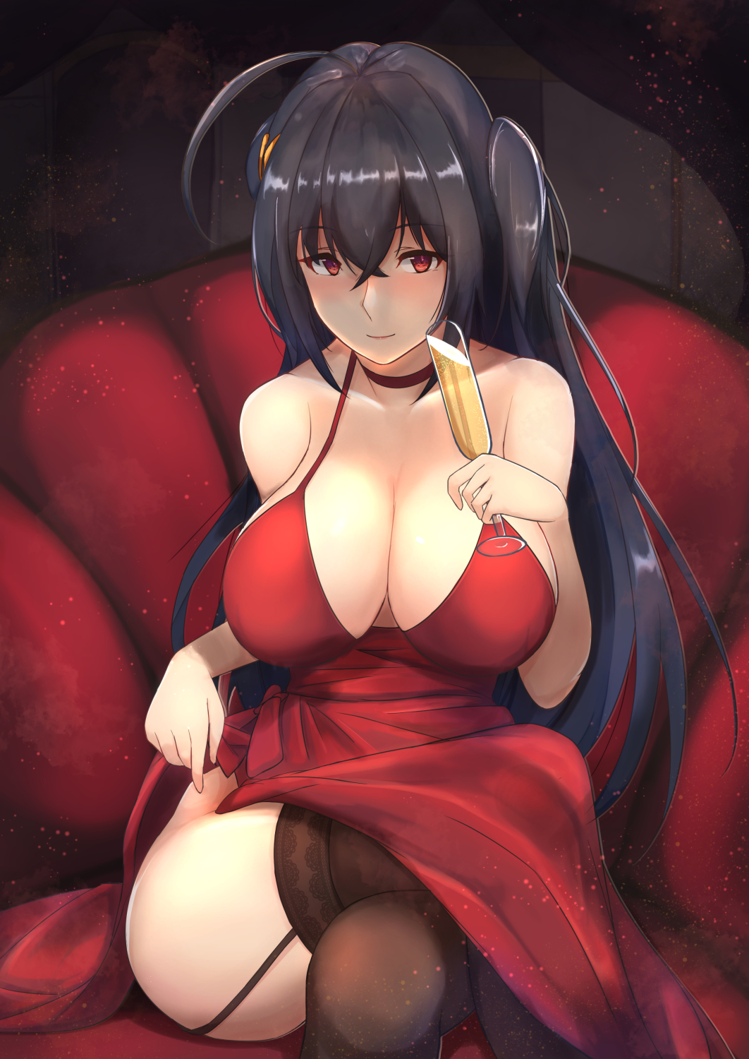 ahoge alcohol alternate_costume alternate_hairstyle ass azur_lane bangs bare_shoulders black_hair black_legwear blush breasts champagne champagne_flute choker cleavage cocktail_dress collarbone commentary_request crossed_bangs crossed_legs cup dress drinking_glass eyebrows_visible_through_hair garter_straps hair_between_eyes hair_ornament highres holding holding_cup huge_breasts large_breasts light_particles long_hair looking_at_viewer red_choker red_dress red_eyes sidelocks sitting smile solo taihou_(azur_lane) thighhighs very_long_hair yusha_(m-gata)