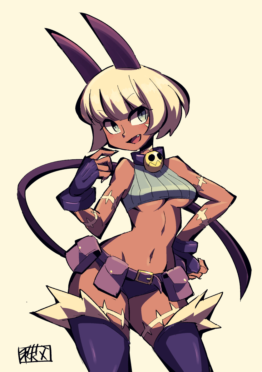 :d animal_ears bangs bare_shoulders belt belt_buckle blonde_hair blue_eyes blunt_bangs breasts buckle cat_ears cat_girl cat_tail chichibu_(chichichibu) contrapposto cowboy_shot dark_skin eyebrows_visible_through_hair fang fingerless_gloves gloves groin medium_breasts midriff ms._fortune_(skullgirls) navel open_mouth pouch purple_belt purple_gloves purple_legwear short_hair skullgirls smile solo tail thighhighs underboob
