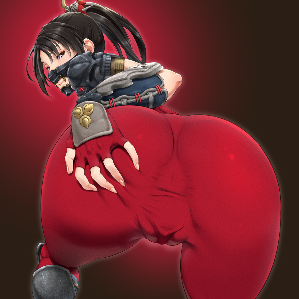 1girl armor artist_request ass ass_grab bare_shoulders black_hair bodysuit brown_eyes cameltoe deep_skin fingerless_gloves from_behind gloves hair_ornament hips huge_ass long_hair looking_at_viewer looking_back mask ninja ponytail red_bodysuit shiny shiny_clothes shiny_hair shiny_skin skin_tight solo soul_calibur taki_(soulcalibur) wide_hips