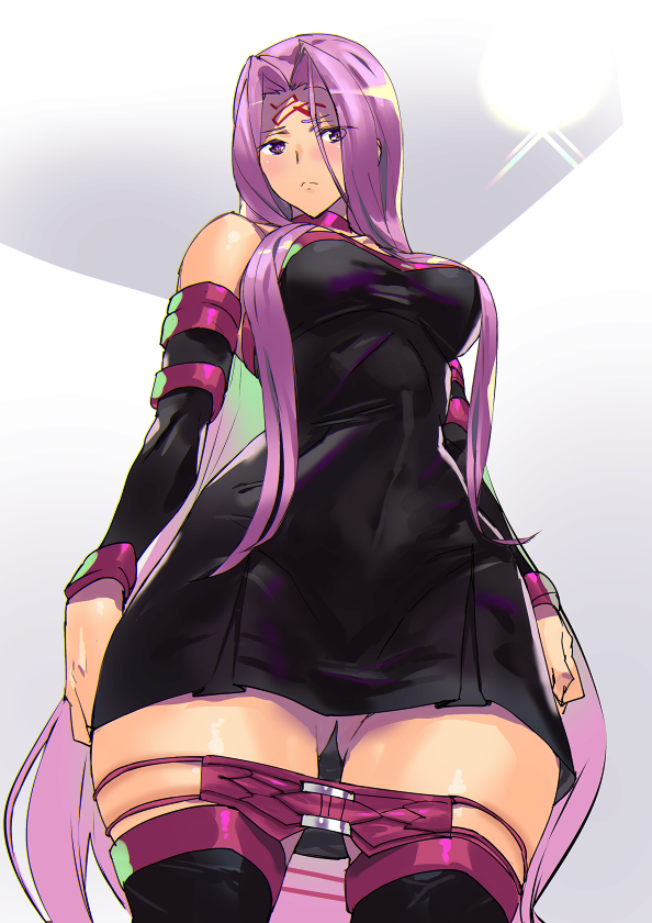 ashiomi_masato ass ass_visible_through_thighs bare_shoulders blindfold blindfold_removed choker commentary_request covered_navel detached_sleeves dress facial_mark fate/stay_night fate_(series) forehead_mark long_hair purple_eyes purple_hair rider solo strapless strapless_dress thighhighs very_long_hair